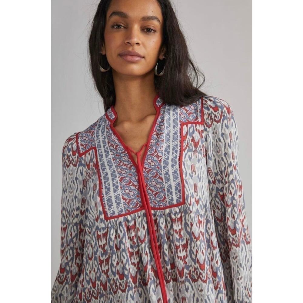 Anthropologie Boho 3/4 Sleeve Tunic Grey Motif Tiered Mini Dress Small Petite